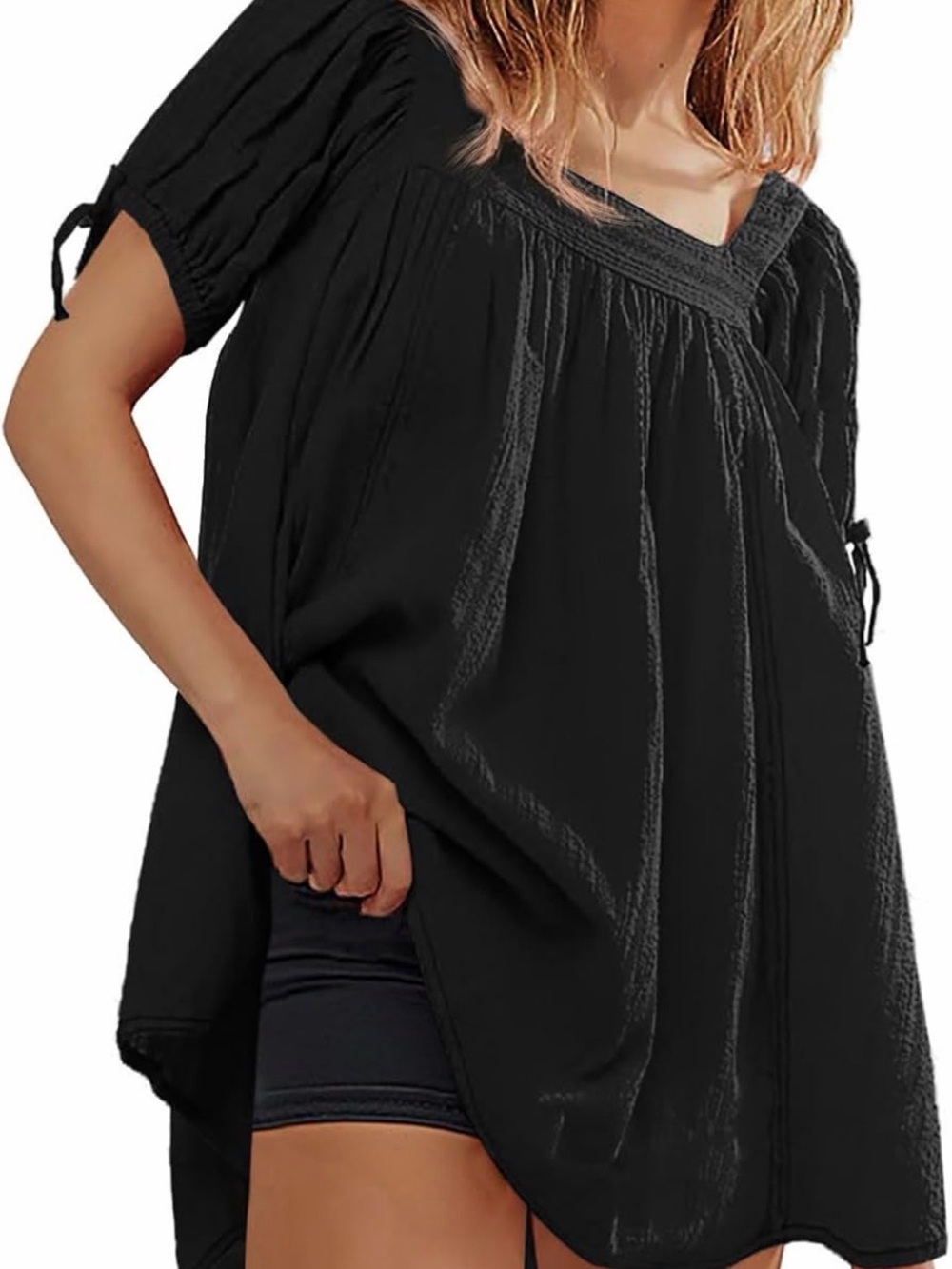 Women's Black Square Neck Peasant Top